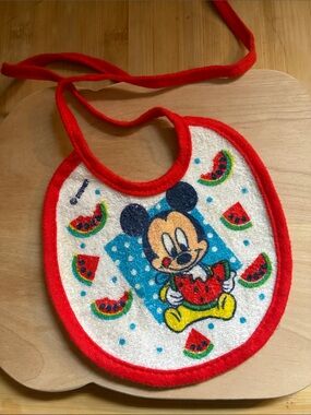 Vintage Disney Mickey Mouse Red-Trim Baby Bib with Watermelon Motif